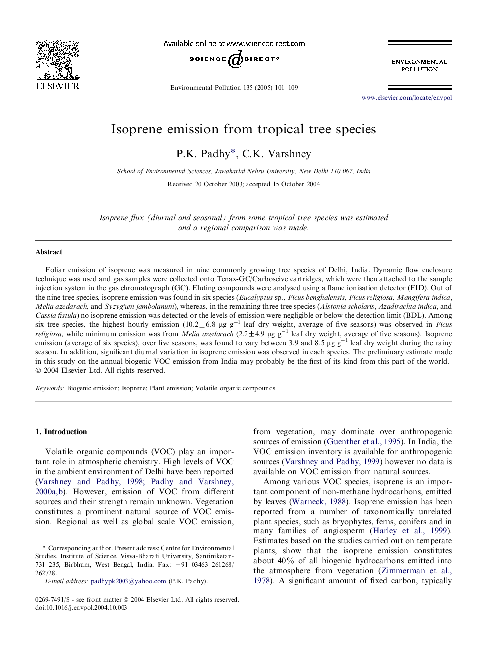 Isoprene emission from tropical tree species