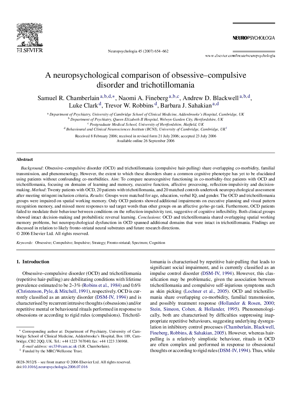 A neuropsychological comparison of obsessive–compulsive disorder and trichotillomania