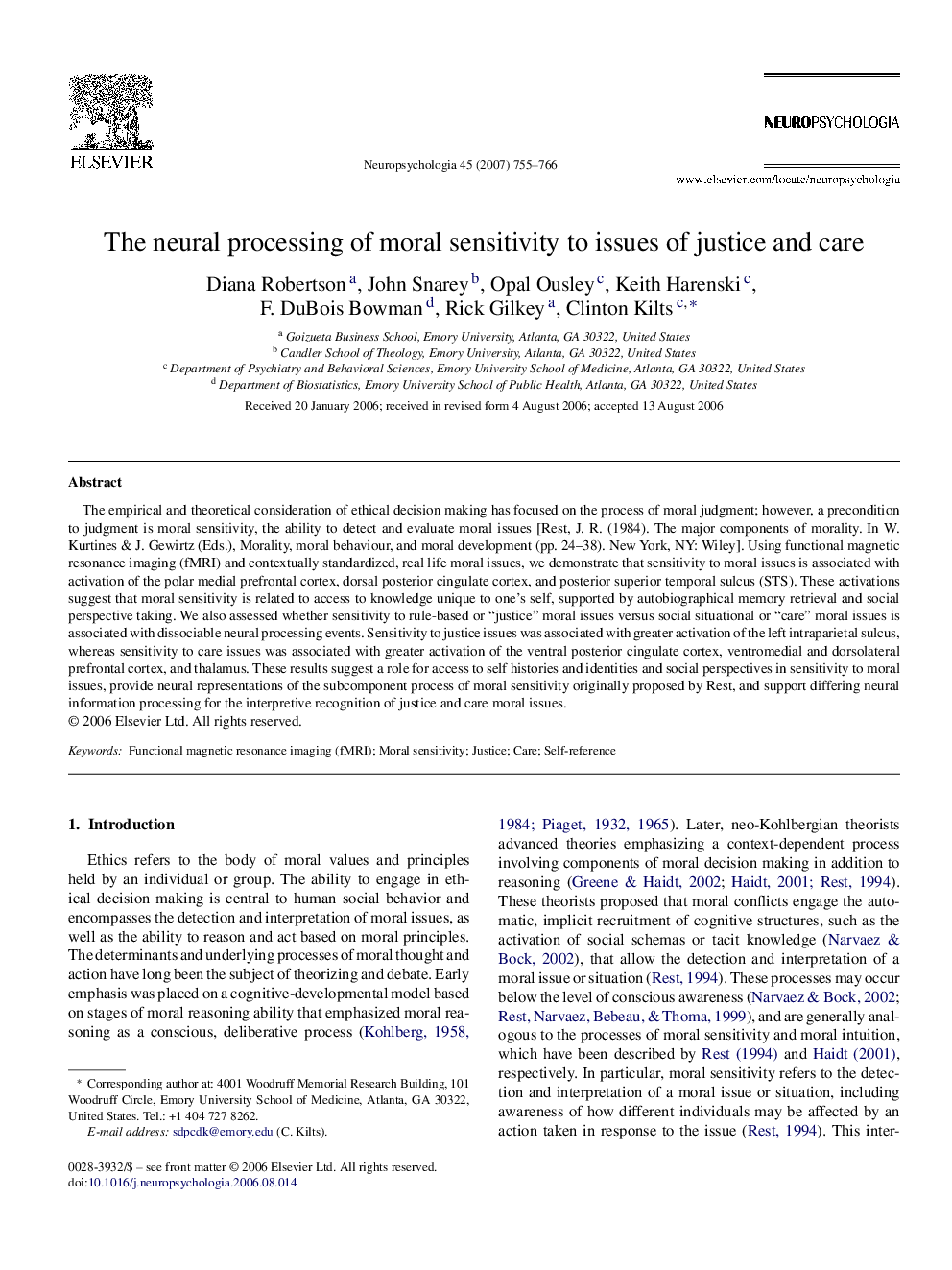 The neural processing of moral sensitivity to issues of justice and care