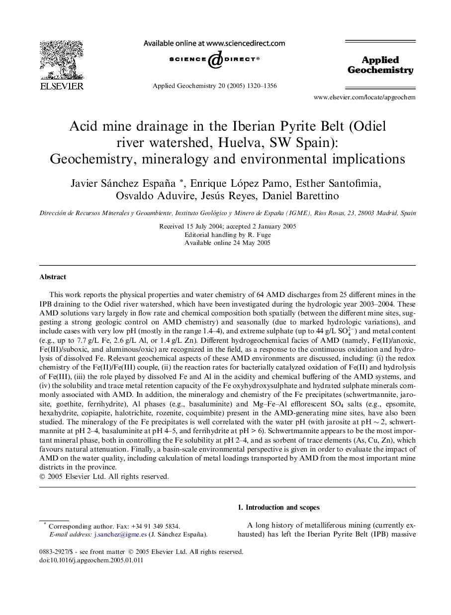 Acid mine drainage in the Iberian Pyrite Belt (Odiel river watershed, Huelva, SW Spain): Geochemistry, mineralogy and environmental implications