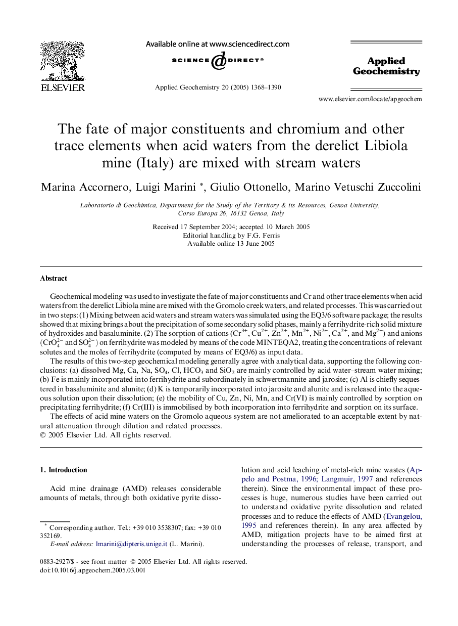 The fate of major constituents and chromium and other trace elements when acid waters from the derelict Libiola mine (Italy) are mixed with stream waters