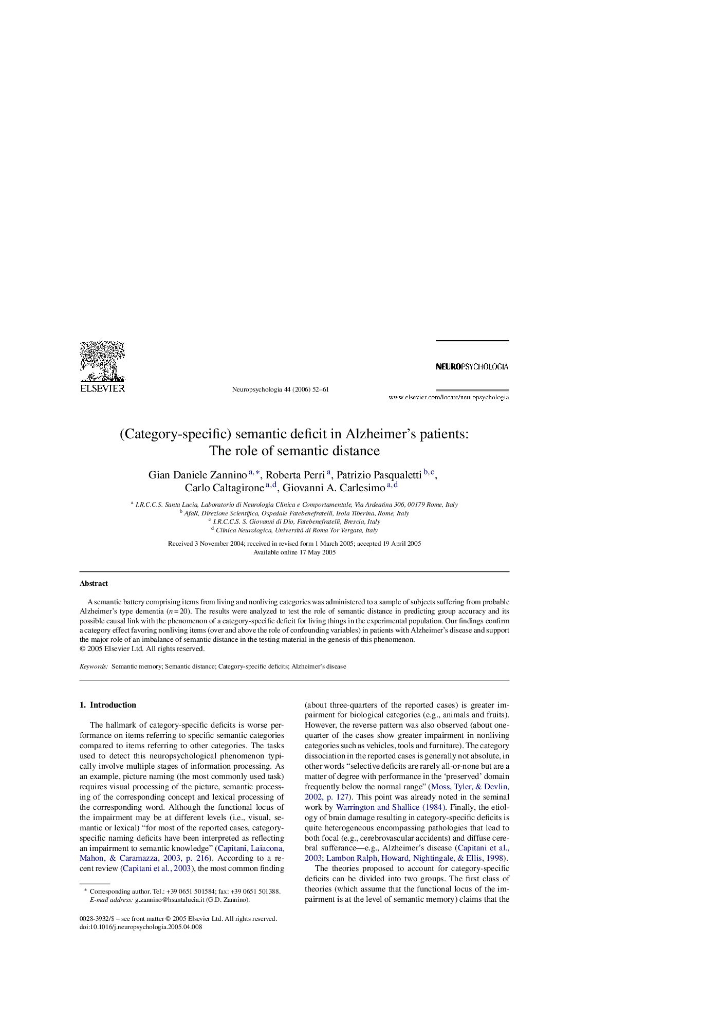 عکس صفحه اول مقاله: (Category-specific) semantic deficit in Alzheimer's patients: The role of semantic distance (Category-specific) semantic deficit in Alzheimer's patients: The role of semantic distance