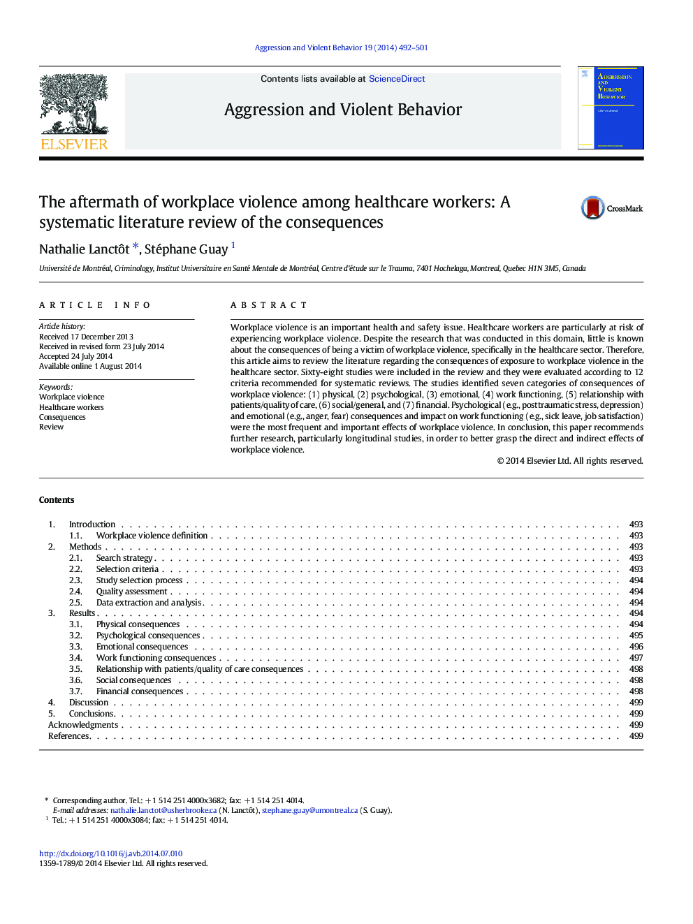 The aftermath of workplace violence among healthcare workers: A systematic literature review of the consequences