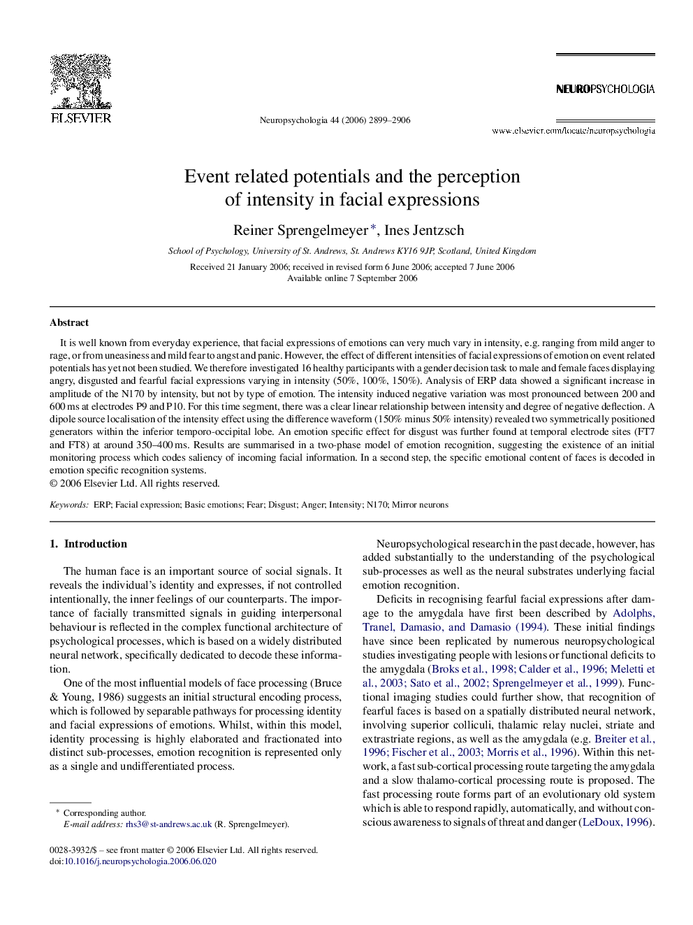 Event related potentials and the perception of intensity in facial expressions