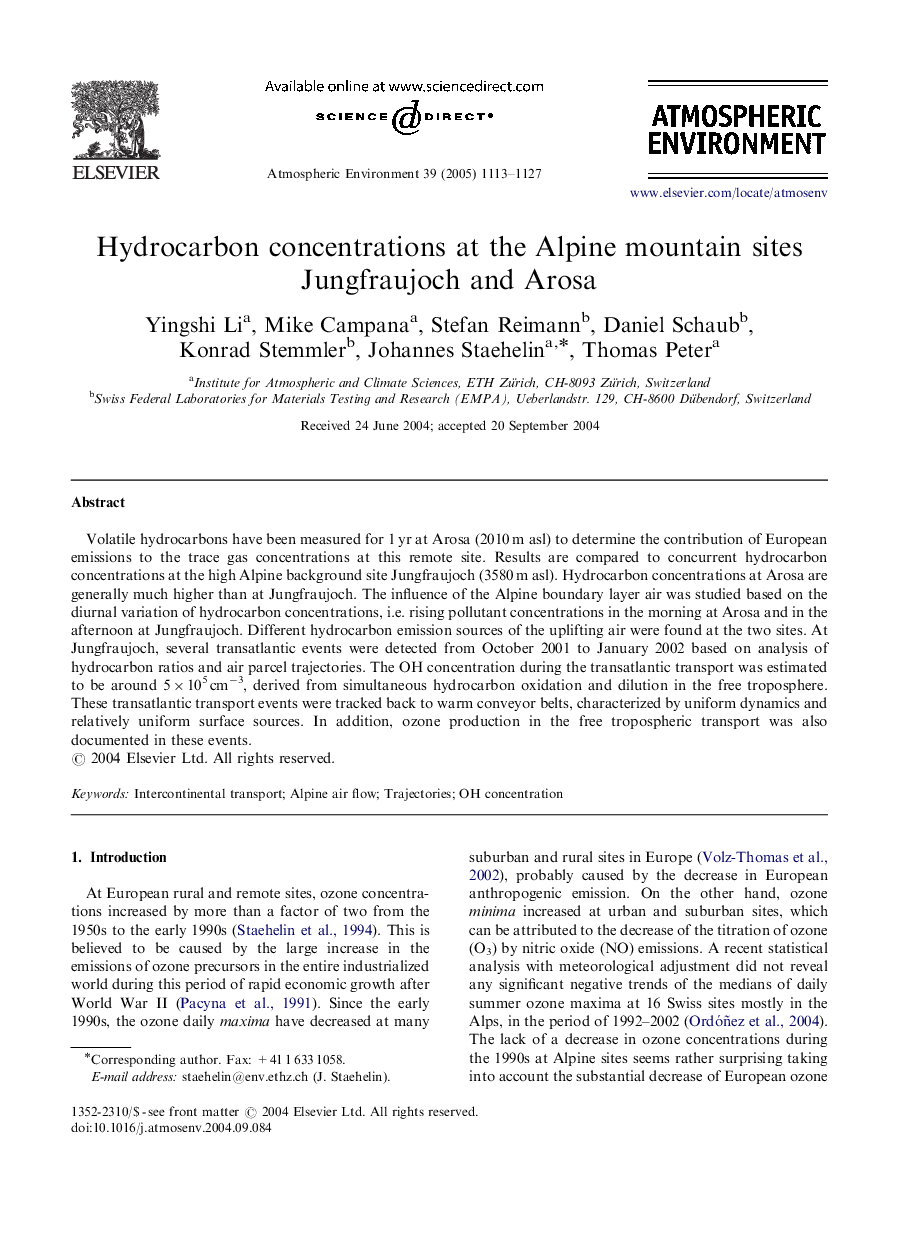 Hydrocarbon concentrations at the Alpine mountain sites Jungfraujoch and Arosa