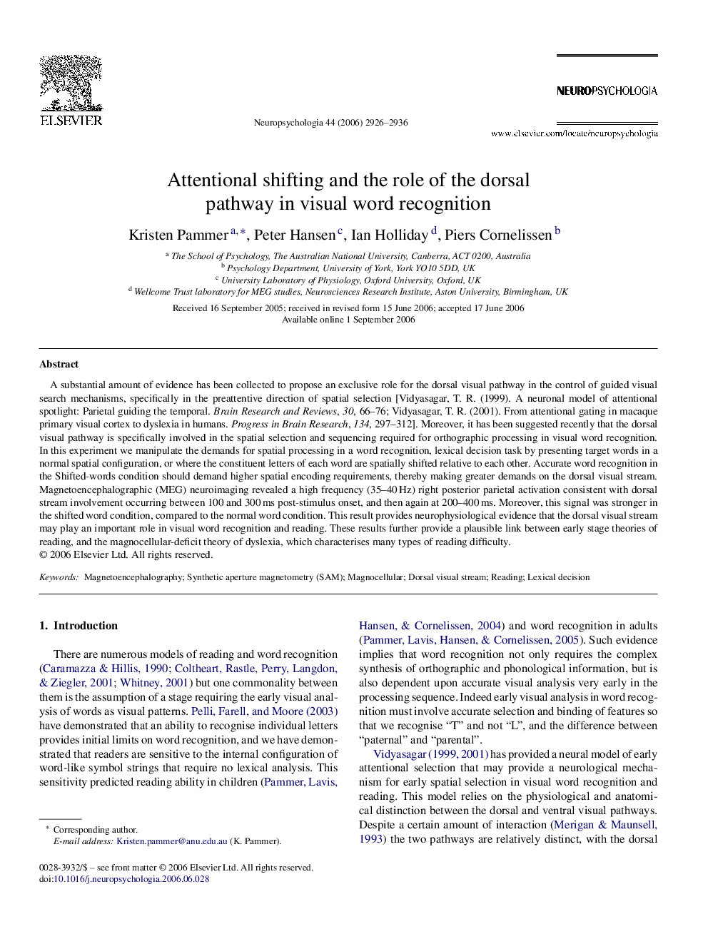 Attentional shifting and the role of the dorsal pathway in visual word recognition