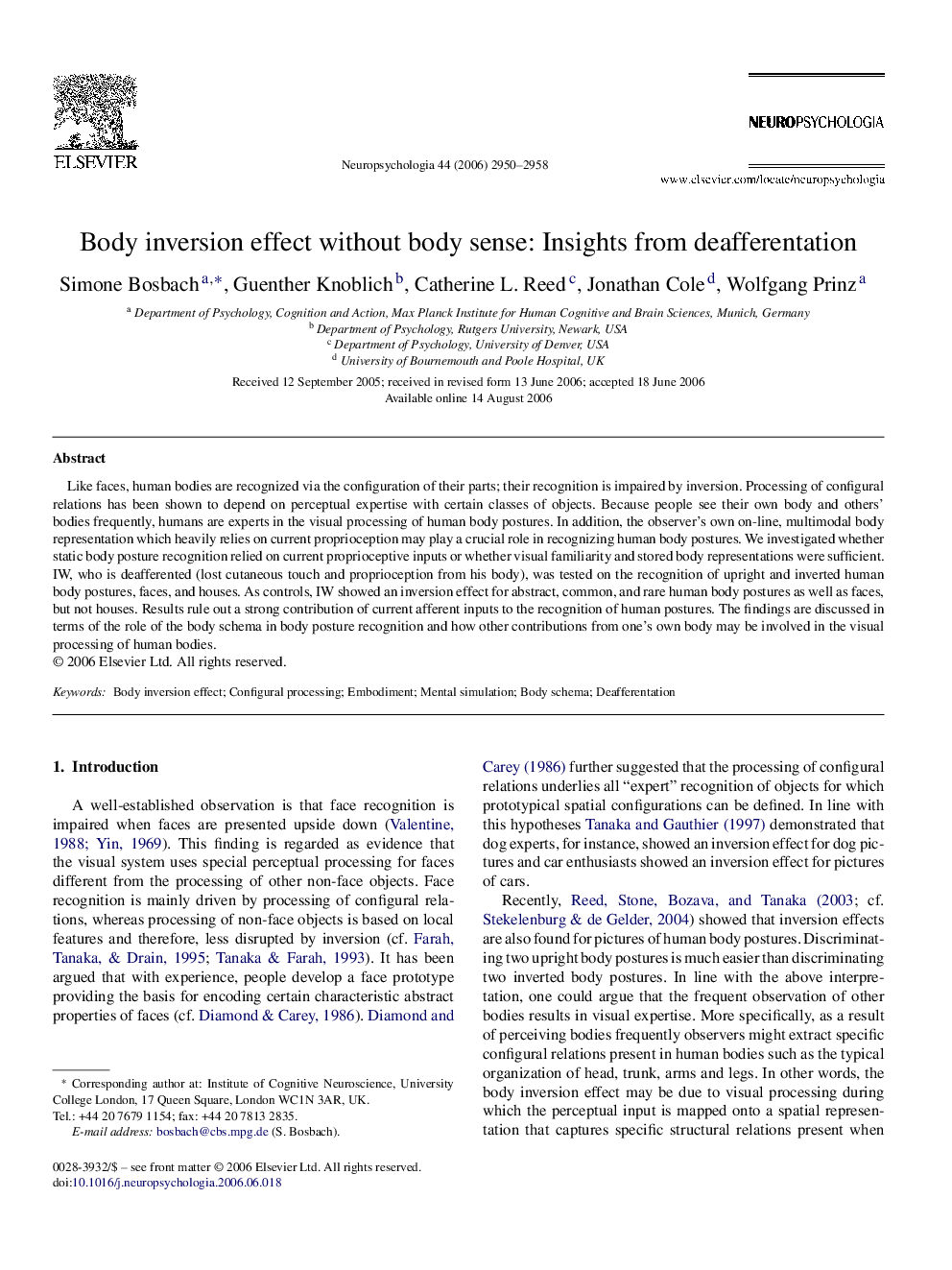 Body inversion effect without body sense: Insights from deafferentation