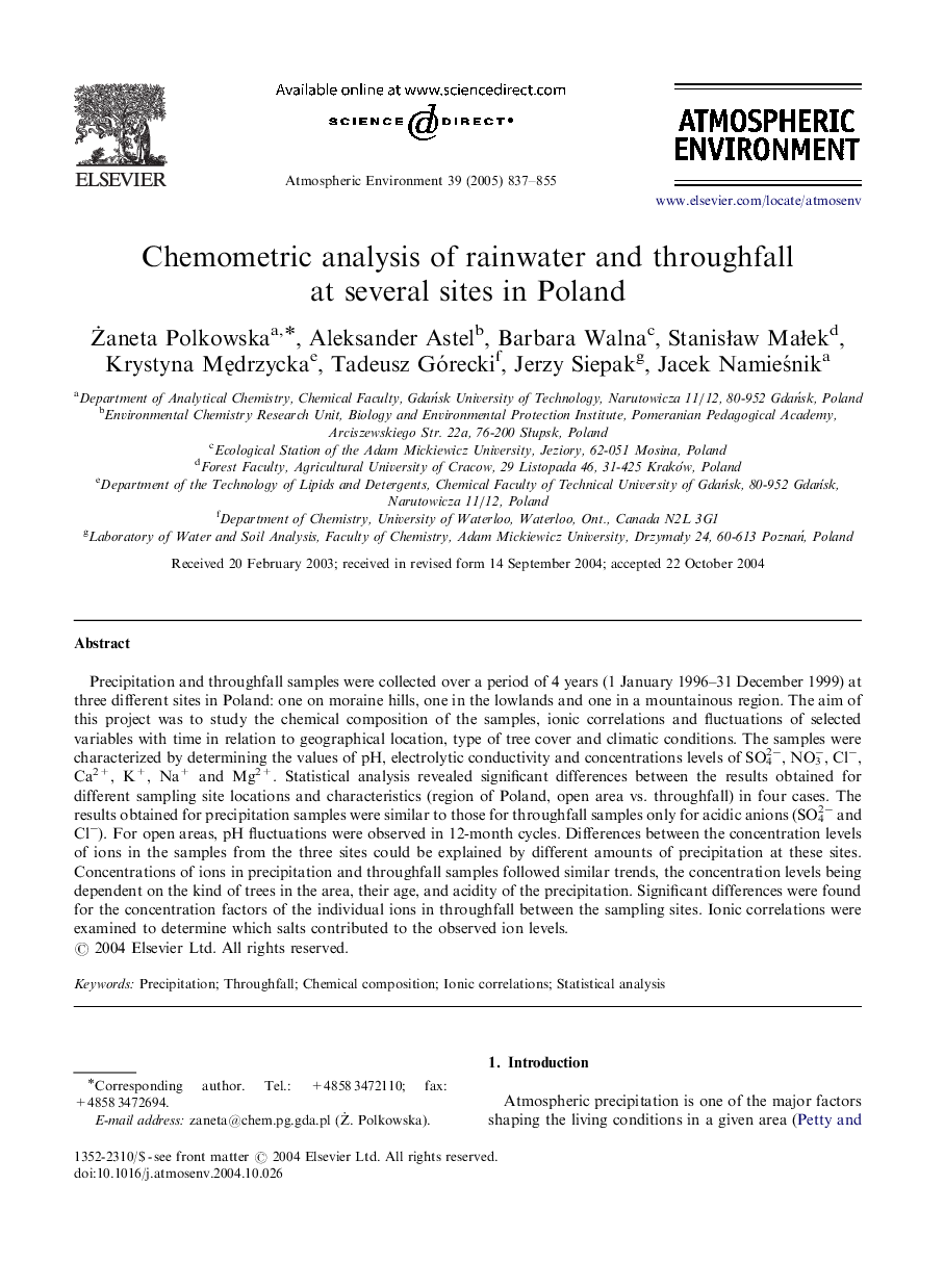 Chemometric analysis of rainwater and throughfall at several sites in Poland