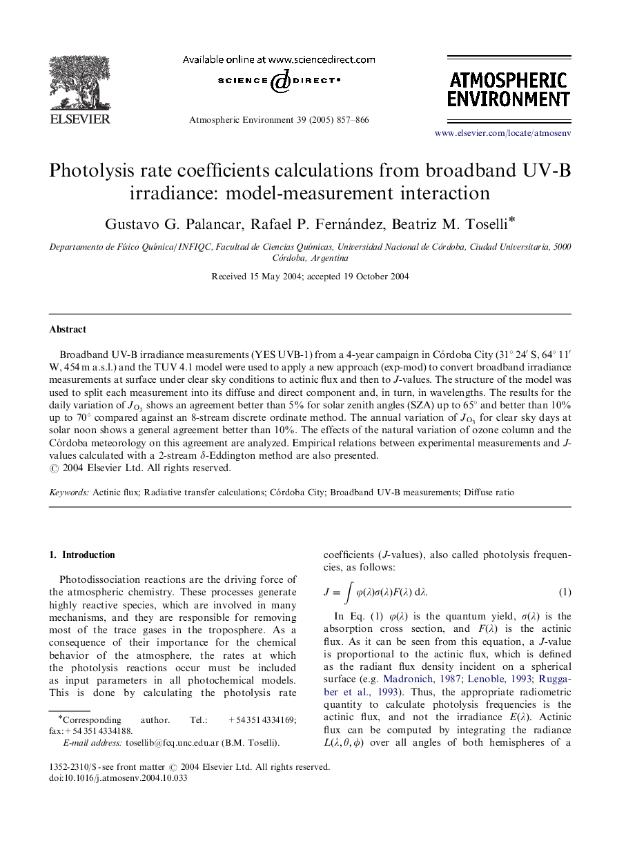 Photolysis rate coefficients calculations from broadband UV-B irradiance: model-measurement interaction