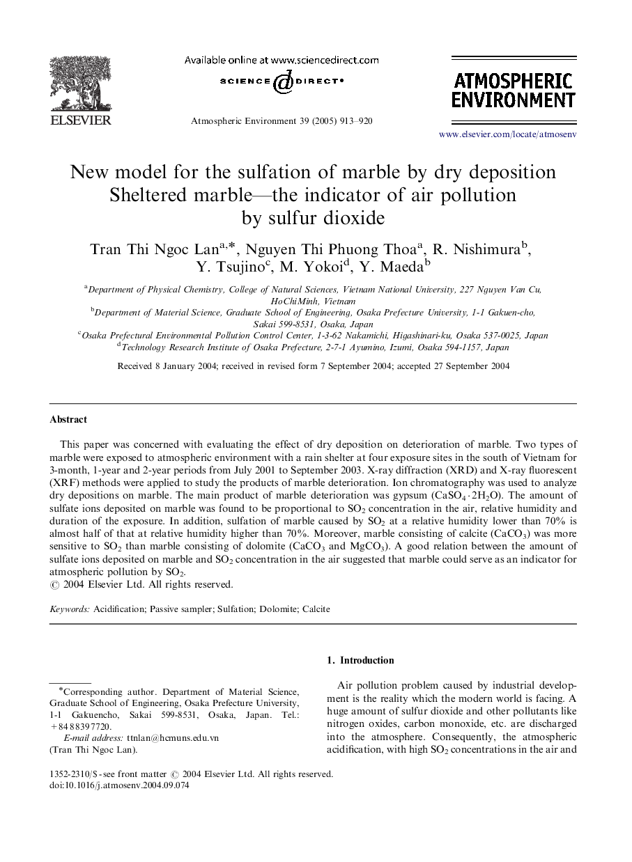 New model for the sulfation of marble by dry deposition Sheltered marble-the indicator of air pollution by sulfur dioxide