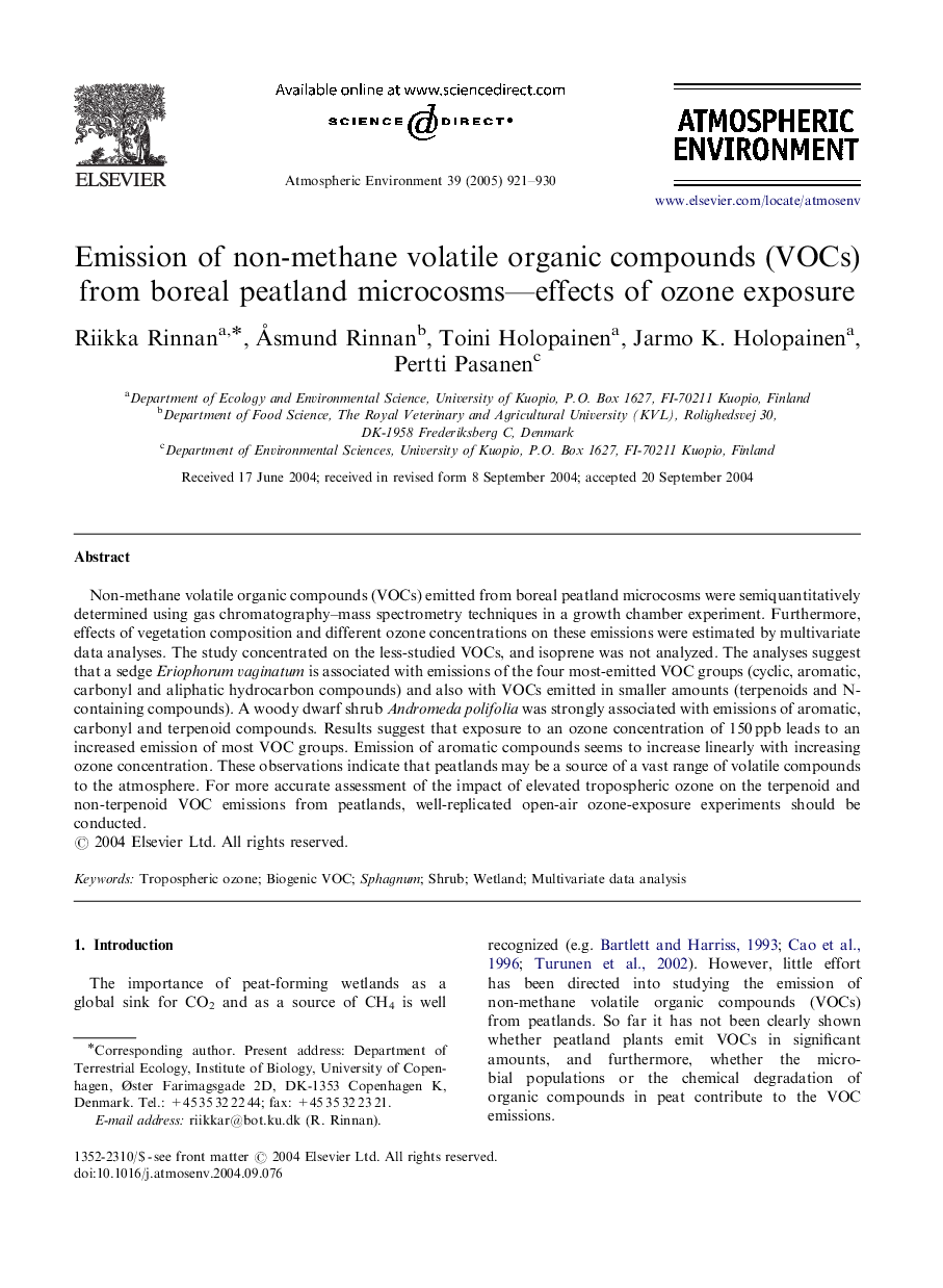 Emission of non-methane volatile organic compounds (VOCs) from boreal peatland microcosms-effects of ozone exposure