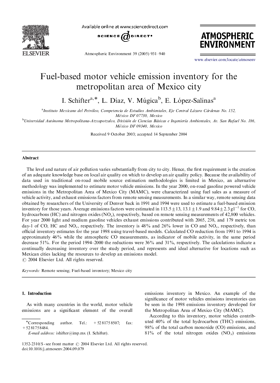 Fuel-based motor vehicle emission inventory for the metropolitan area of Mexico city