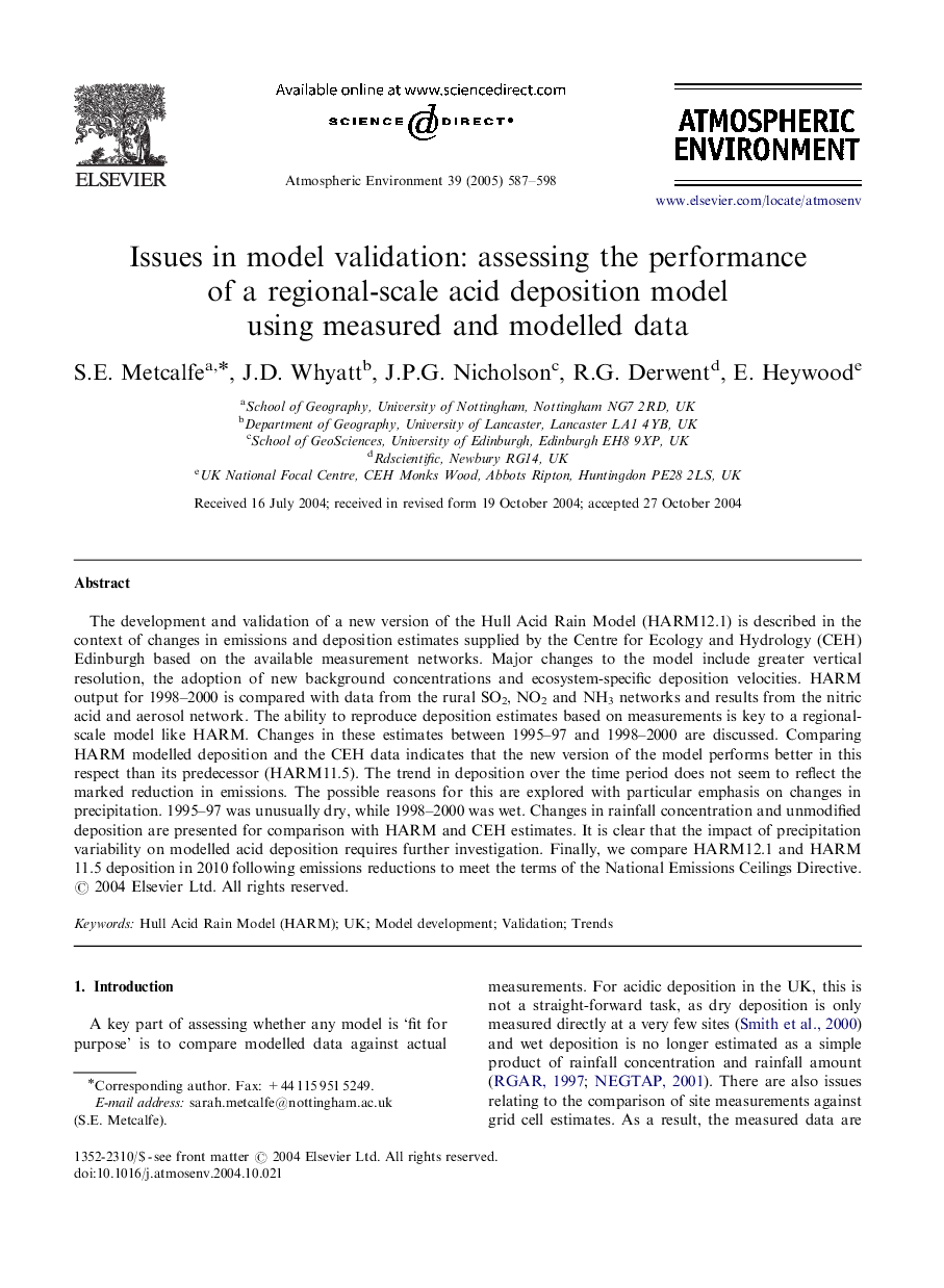 Issues in model validation: assessing the performance of a regional-scale acid deposition model using measured and modelled data