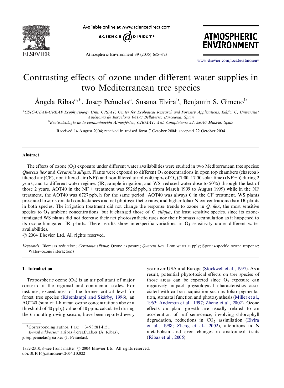 Contrasting effects of ozone under different water supplies in two Mediterranean tree species