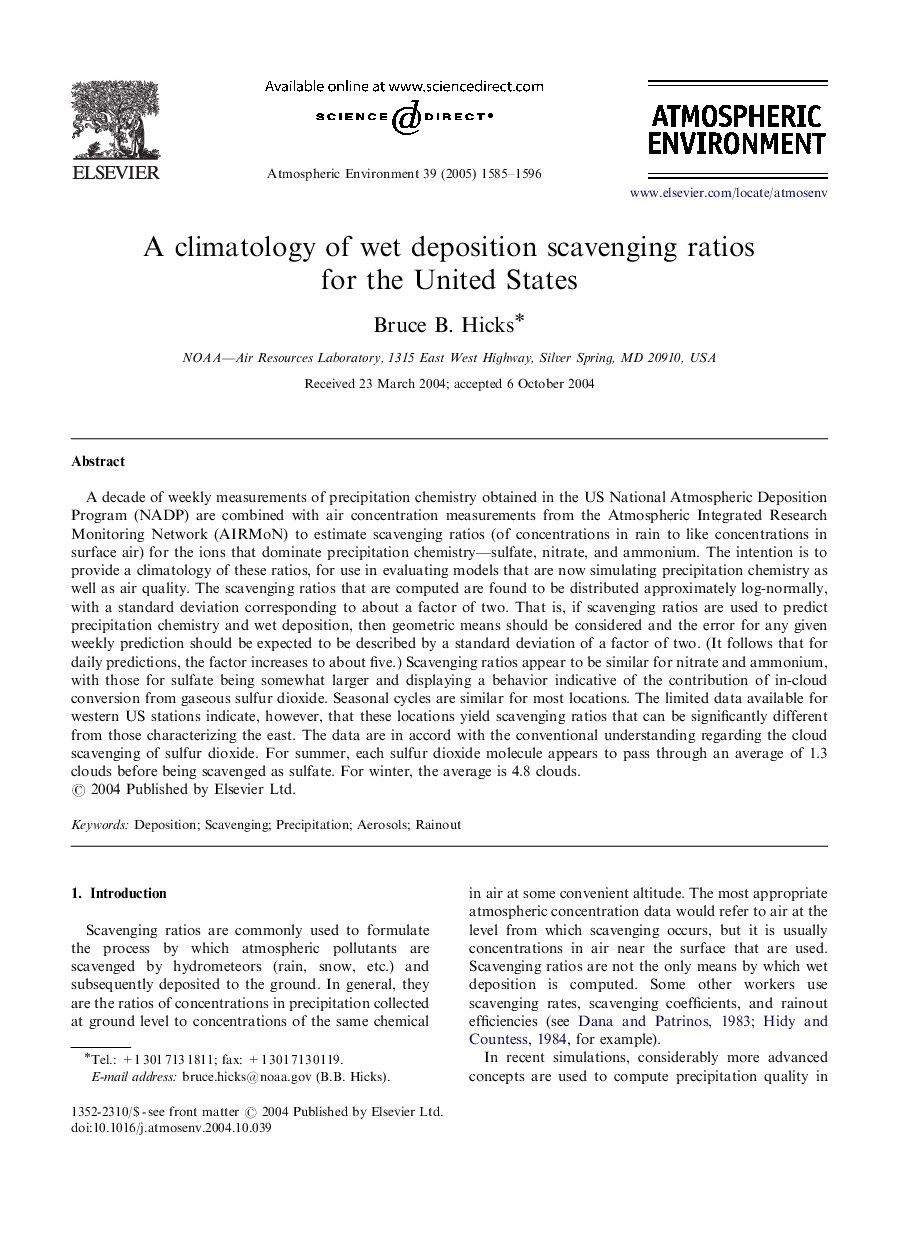 A climatology of wet deposition scavenging ratios for the United States