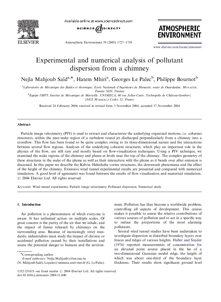 Experimental and numerical analysis of pollutant dispersion from a chimney