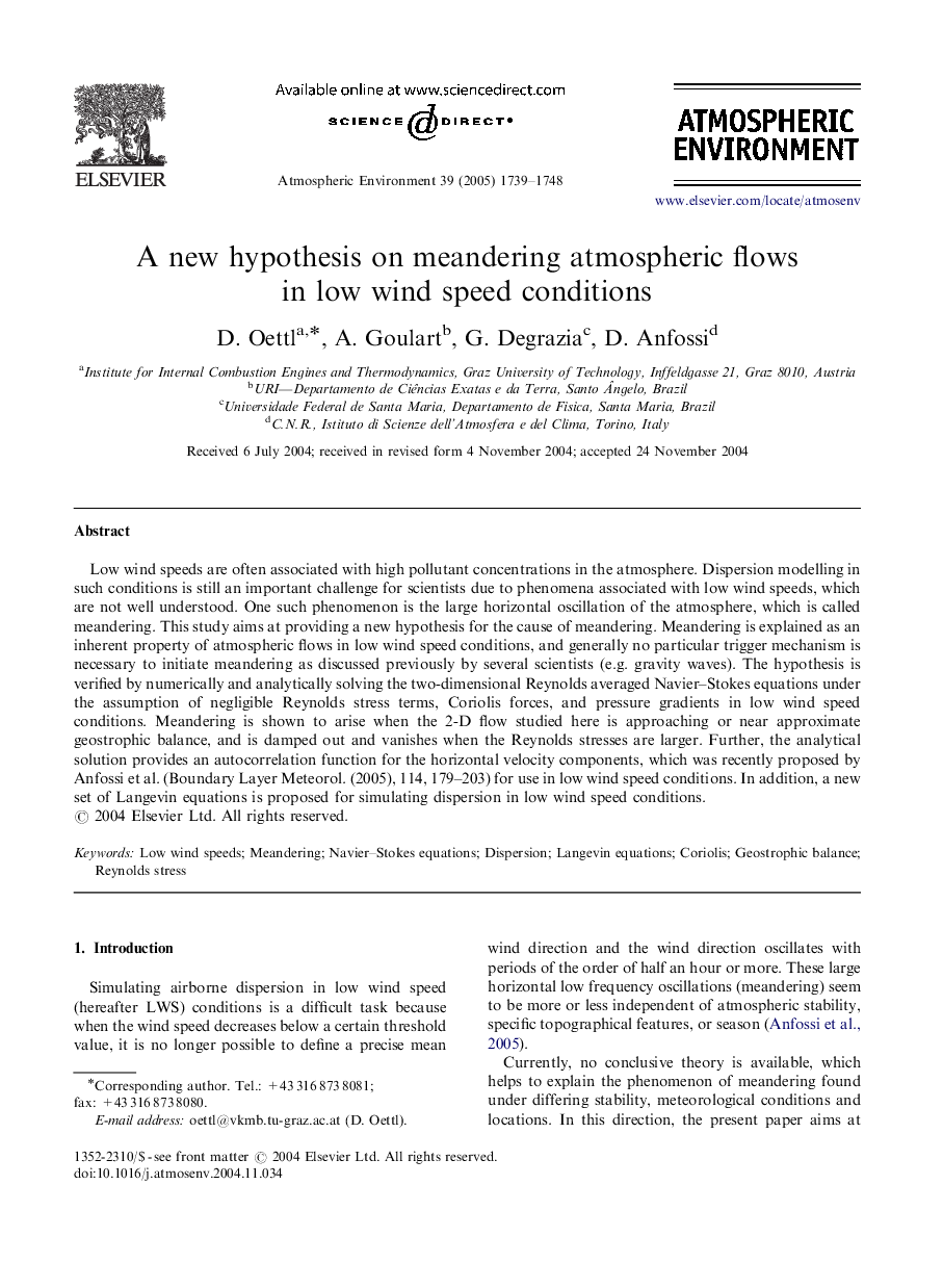 A new hypothesis on meandering atmospheric flows in low wind speed conditions