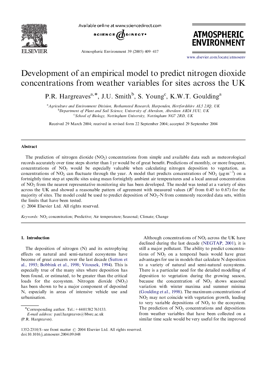 Development of an empirical model to predict nitrogen dioxide concentrations from weather variables for sites across the UK