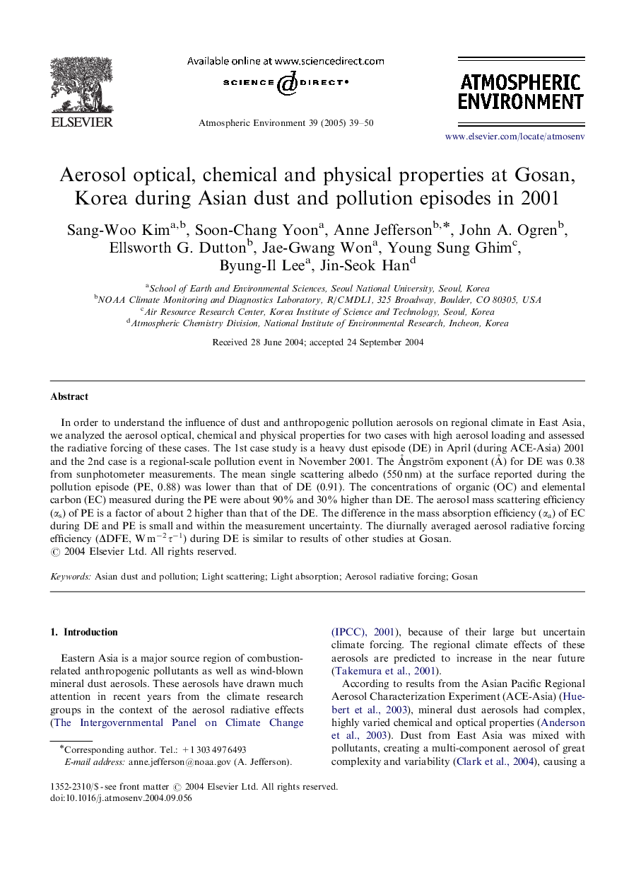 Aerosol optical, chemical and physical properties at Gosan, Korea during Asian dust and pollution episodes in 2001