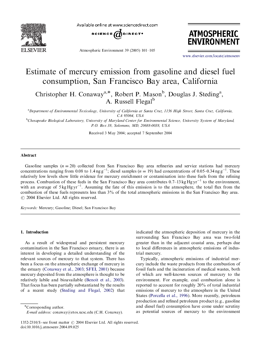 Estimate of mercury emission from gasoline and diesel fuel consumption, San Francisco Bay area, California