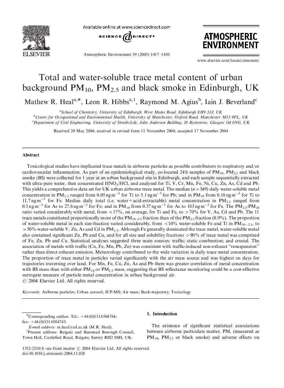 Total and water-soluble trace metal content of urban background PM10, PM2.5 and black smoke in Edinburgh, UK