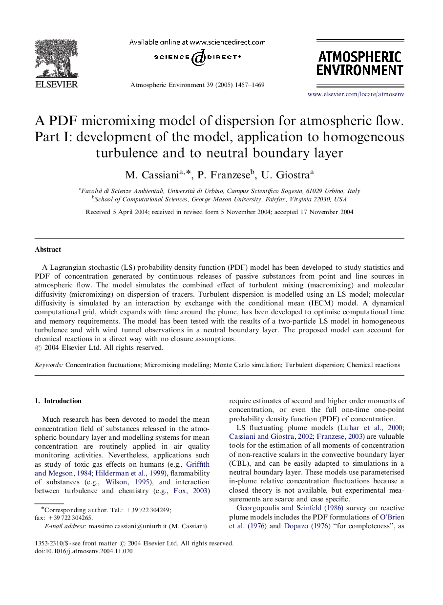 A PDF micromixing model of dispersion for atmospheric flow. Part I: development of the model, application to homogeneous turbulence and to neutral boundary layer