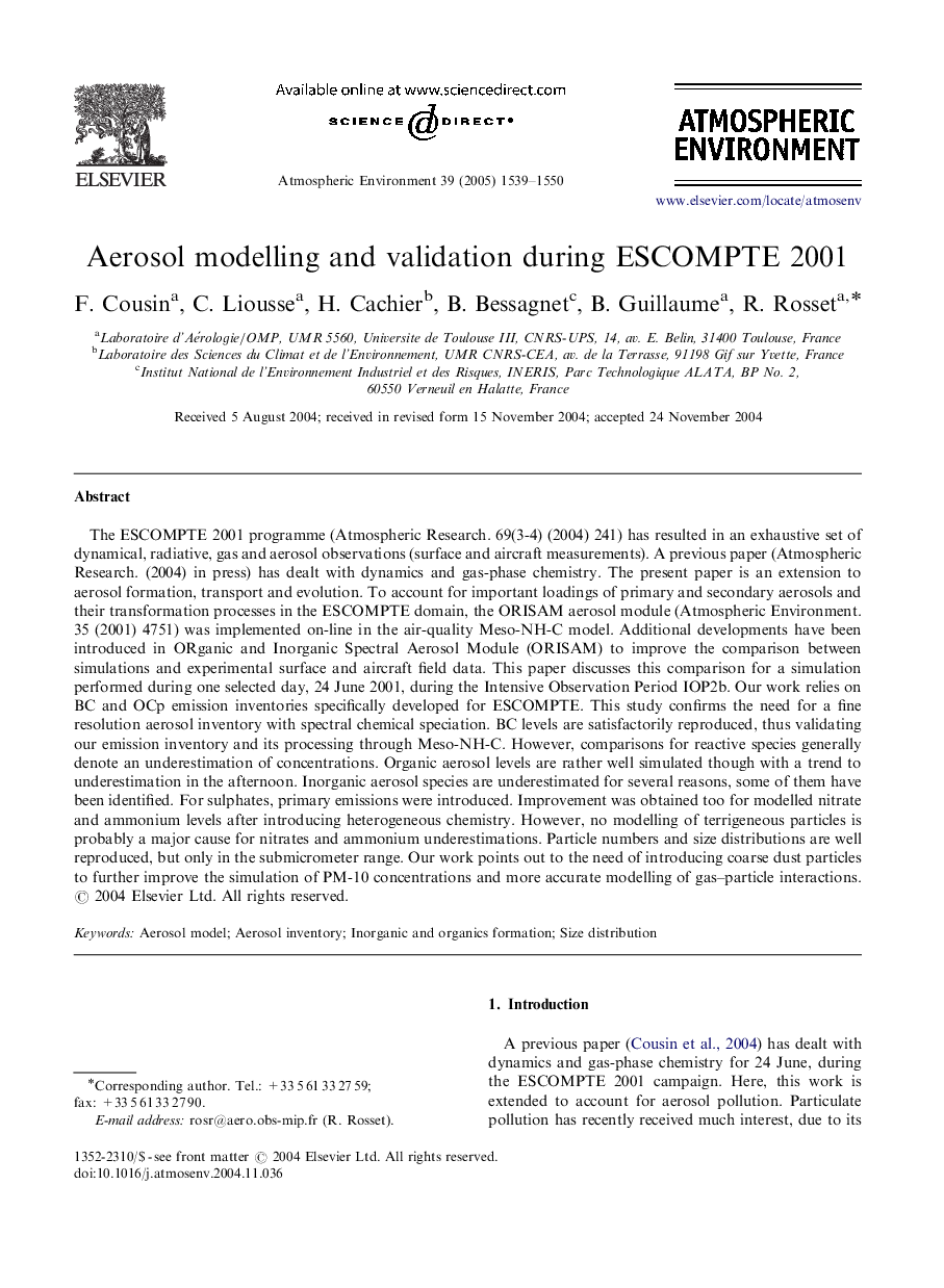 Aerosol modelling and validation during ESCOMPTE 2001