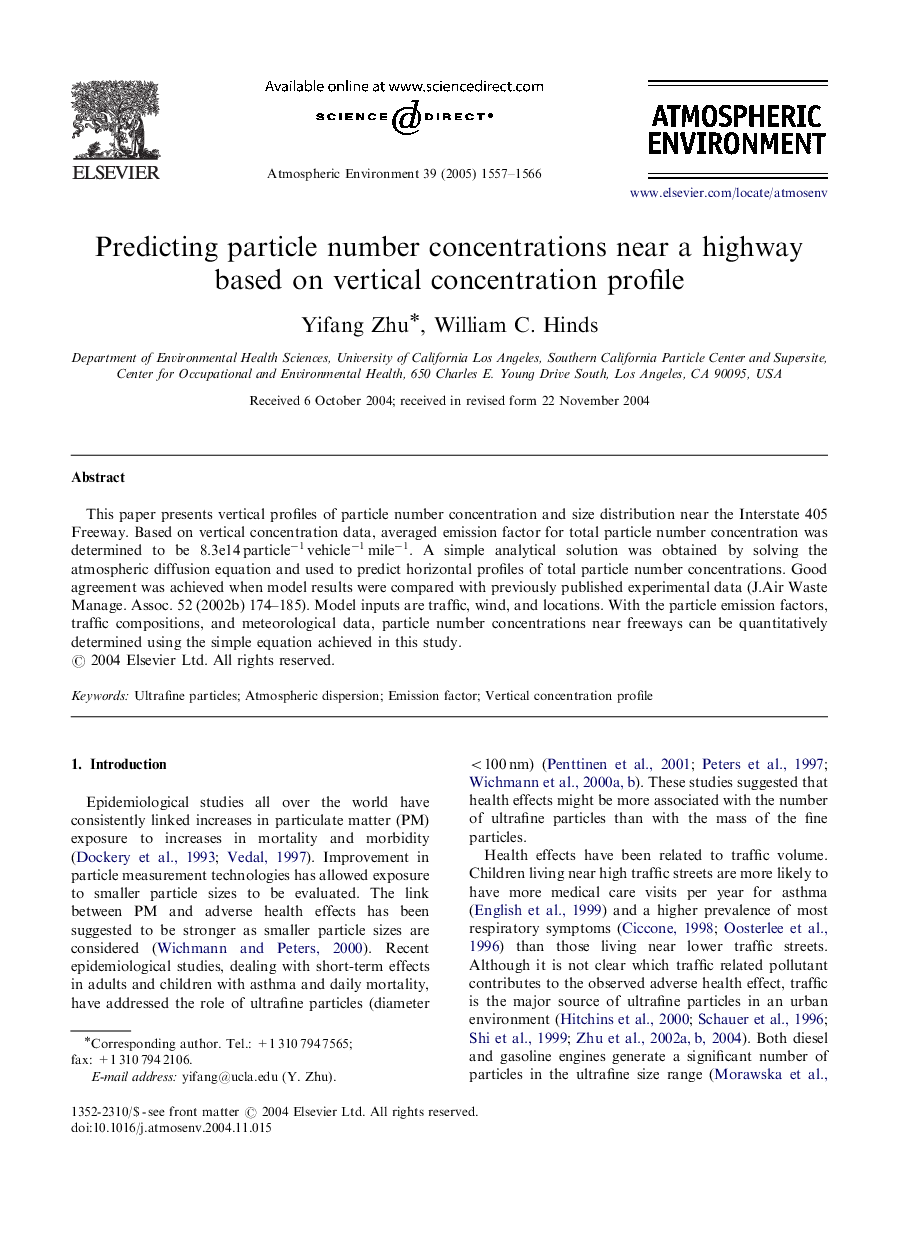 Predicting particle number concentrations near a highway based on vertical concentration profile