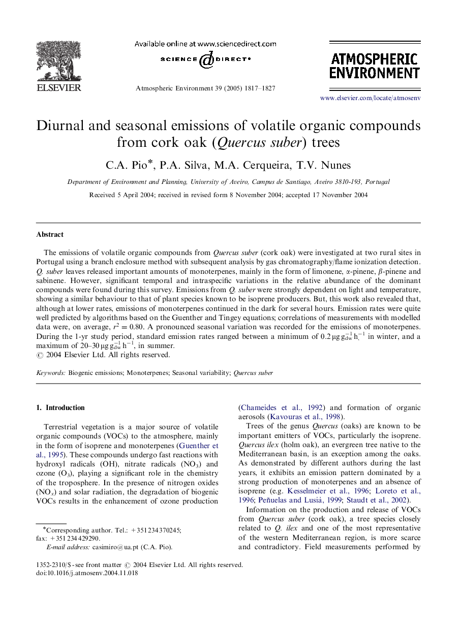 Diurnal and seasonal emissions of volatile organic compounds from cork oak (Quercus suber) trees