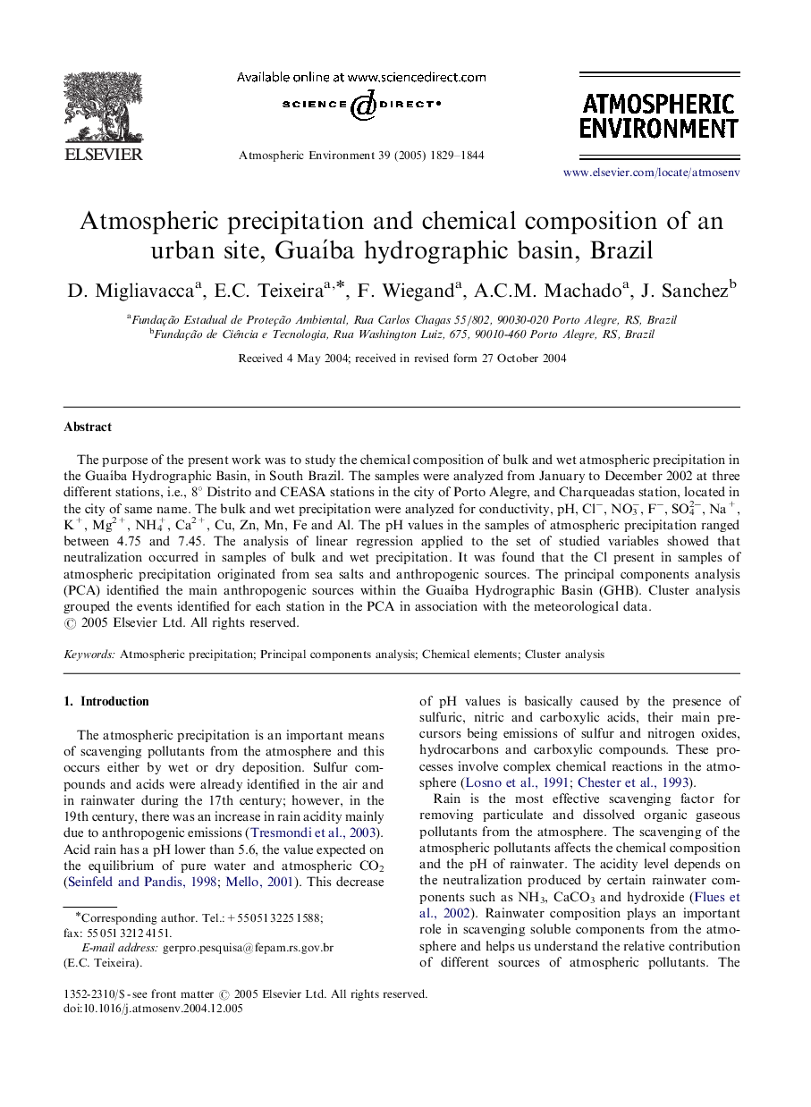 Atmospheric precipitation and chemical composition of an urban site, GuaÃ­ba hydrographic basin, Brazil