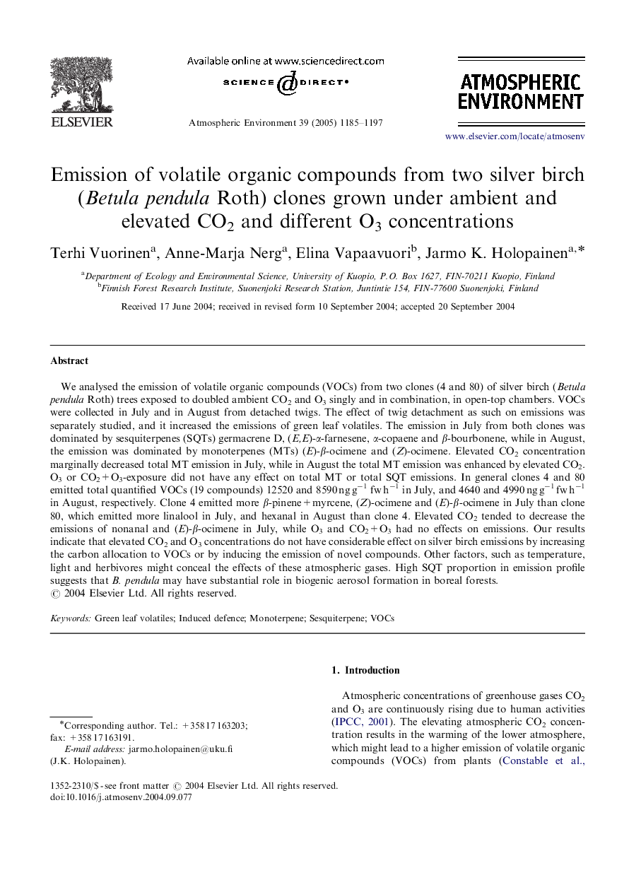 Emission of volatile organic compounds from two silver birch (Betula pendula Roth) clones grown under ambient and elevated CO2 and different O3 concentrations