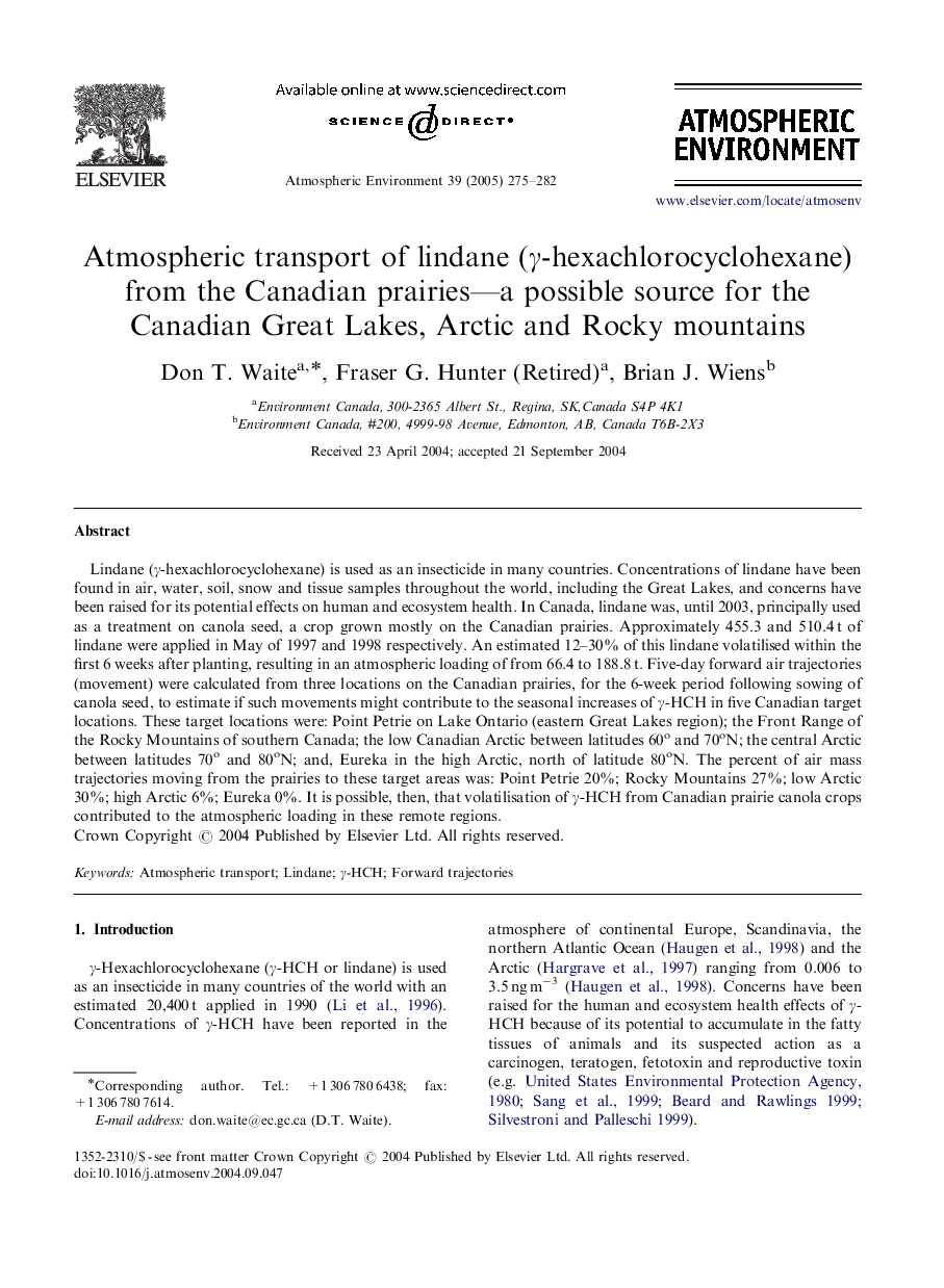 Atmospheric transport of lindane (Î³-hexachlorocyclohexane) from the Canadian prairies-a possible source for the Canadian Great Lakes, Arctic and Rocky mountains