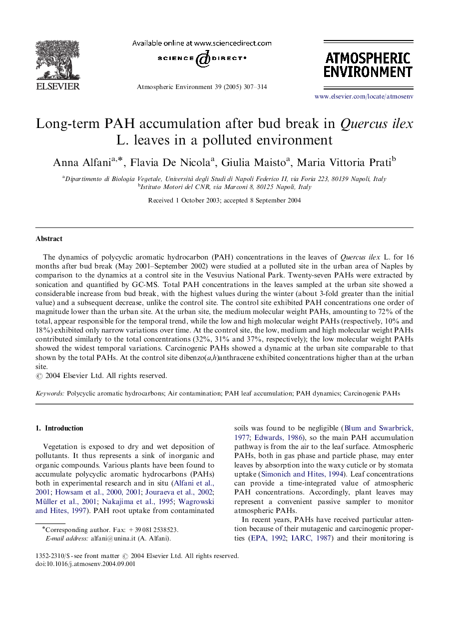 Long-term PAH accumulation after bud break in Quercus ilex L. leaves in a polluted environment