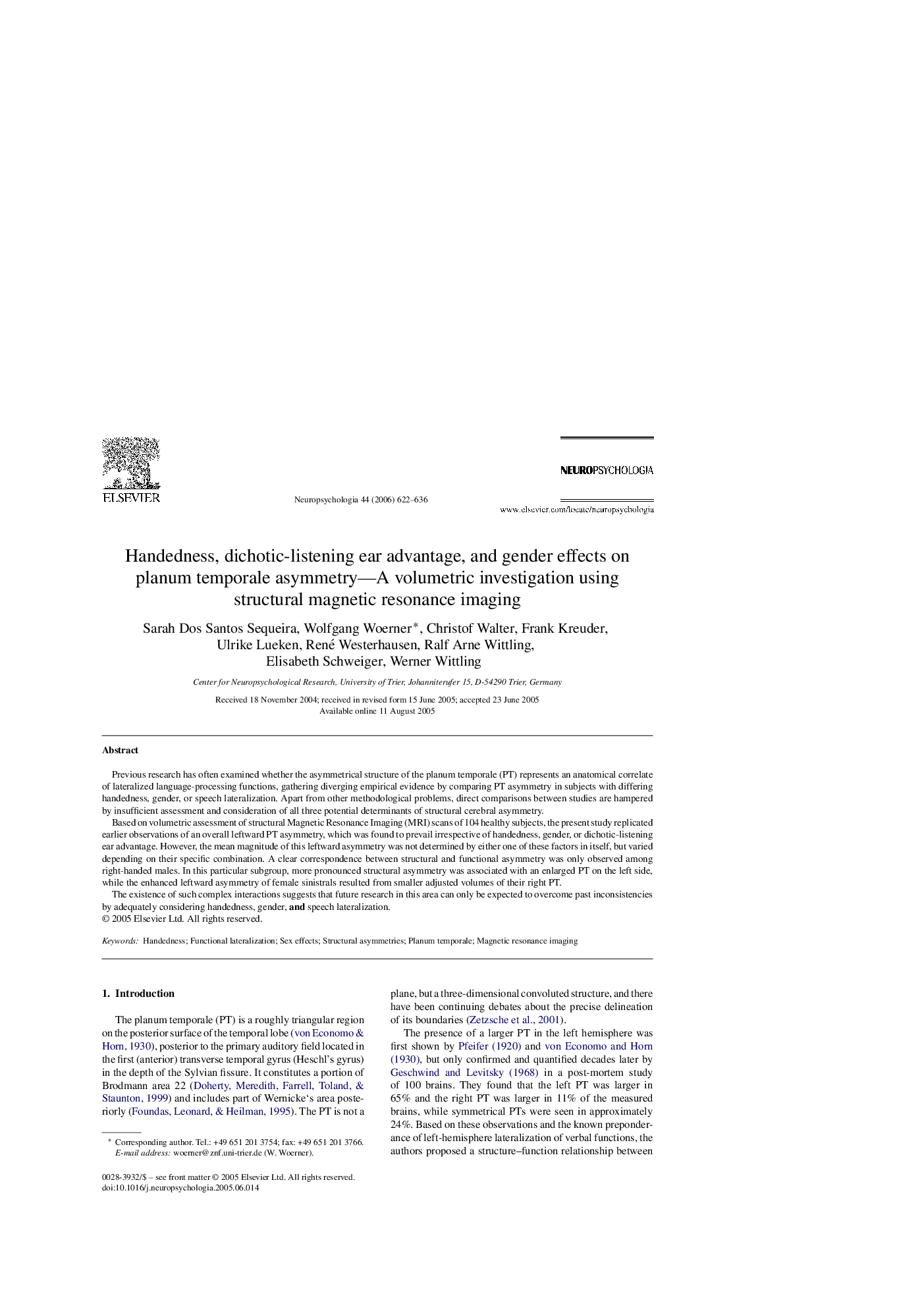 Handedness, dichotic-listening ear advantage, and gender effects on planum temporale asymmetry—A volumetric investigation using structural magnetic resonance imaging