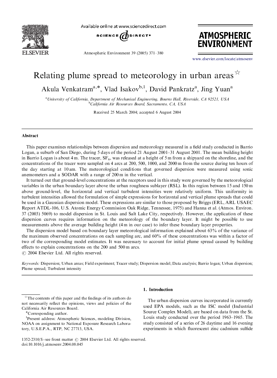 Relating plume spread to meteorology in urban areas