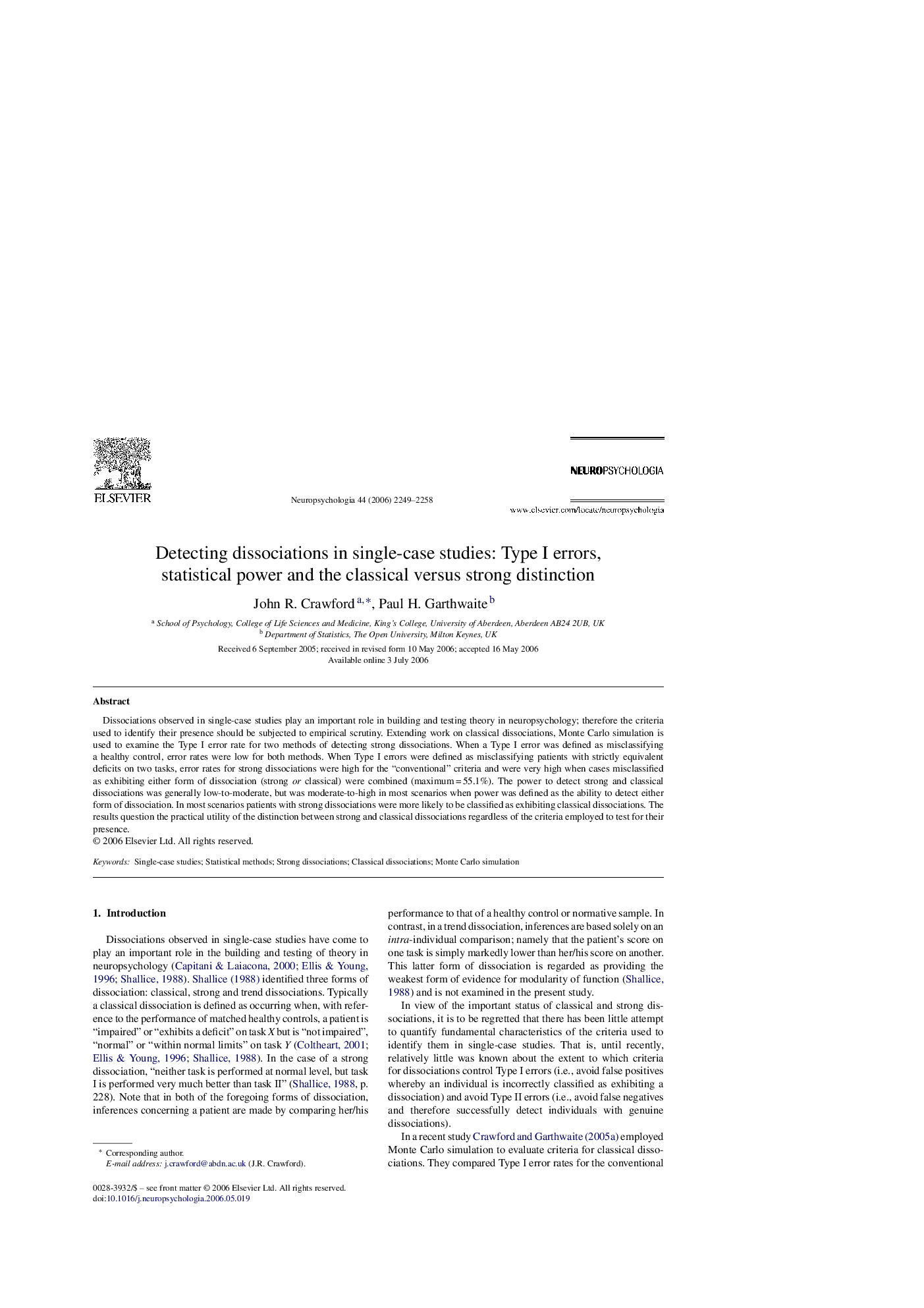 Detecting dissociations in single-case studies: Type I errors, statistical power and the classical versus strong distinction