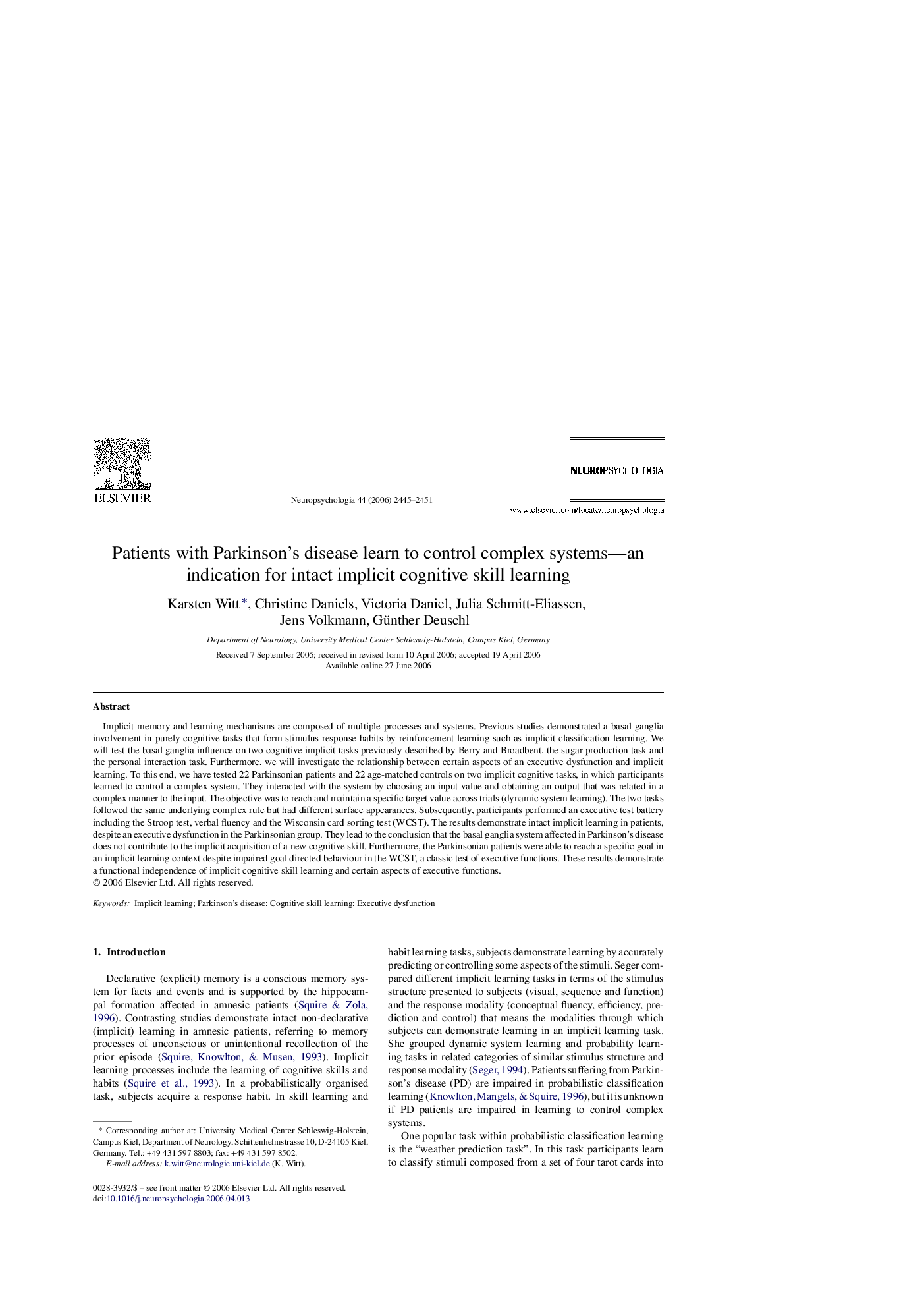 Patients with Parkinson's disease learn to control complex systems—an indication for intact implicit cognitive skill learning