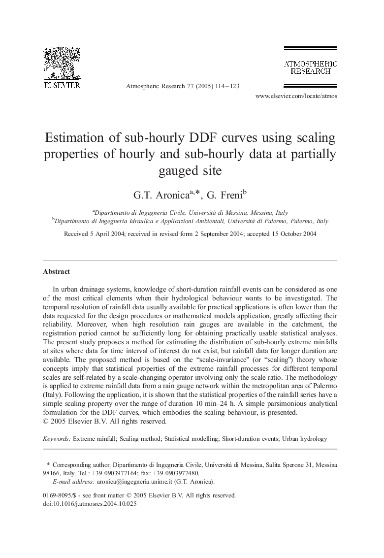 Estimation of sub-hourly DDF curves using scaling properties of hourly and sub-hourly data at partially gauged site