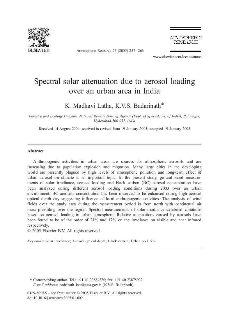 Spectral solar attenuation due to aerosol loading over an urban area in India