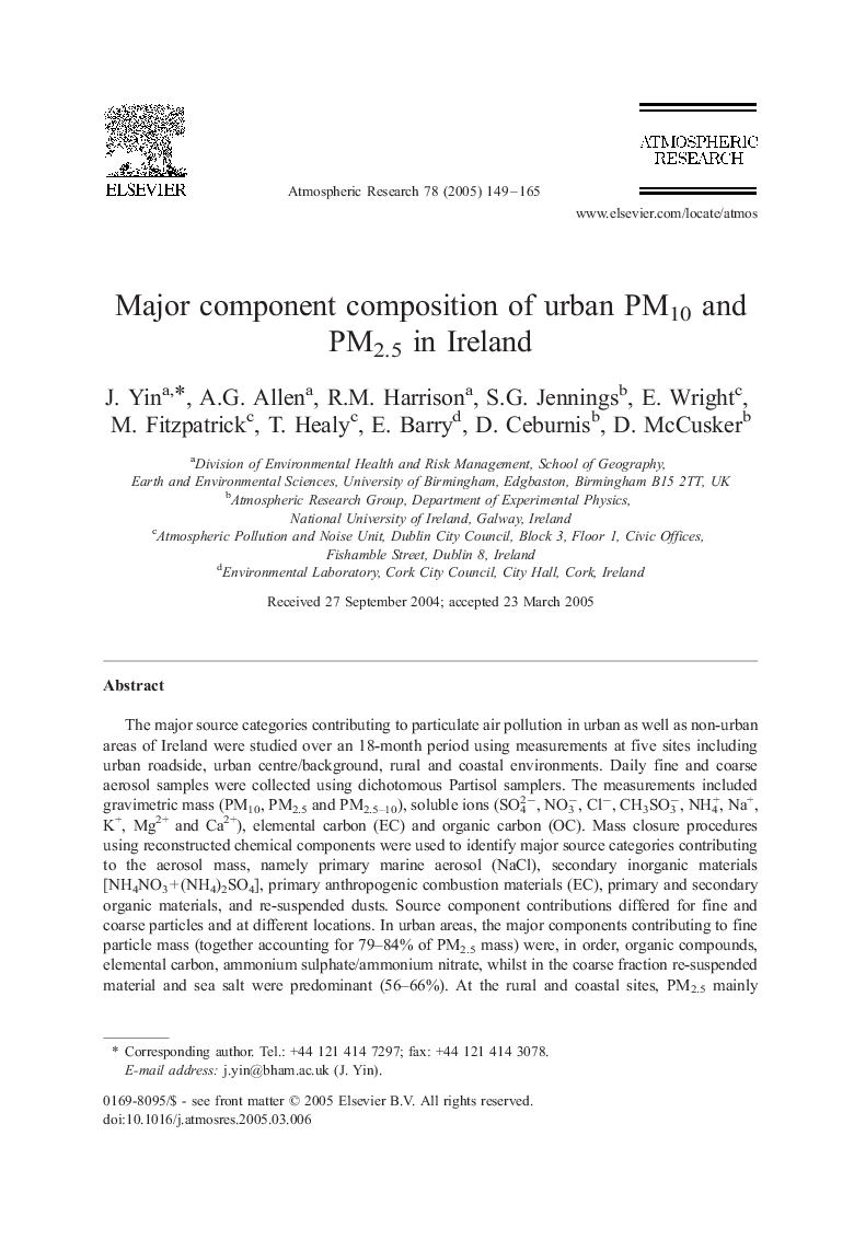 Major component composition of urban PM10 and PM2.5 in Ireland