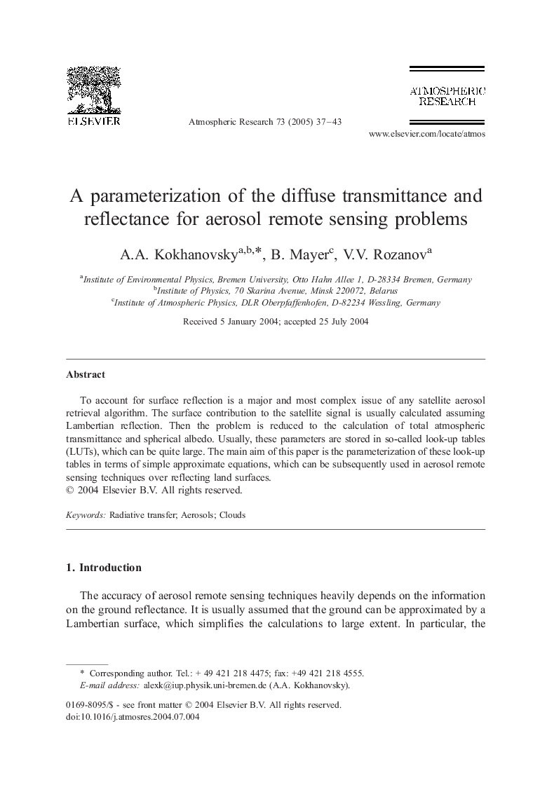 A parameterization of the diffuse transmittance and reflectance for aerosol remote sensing problems