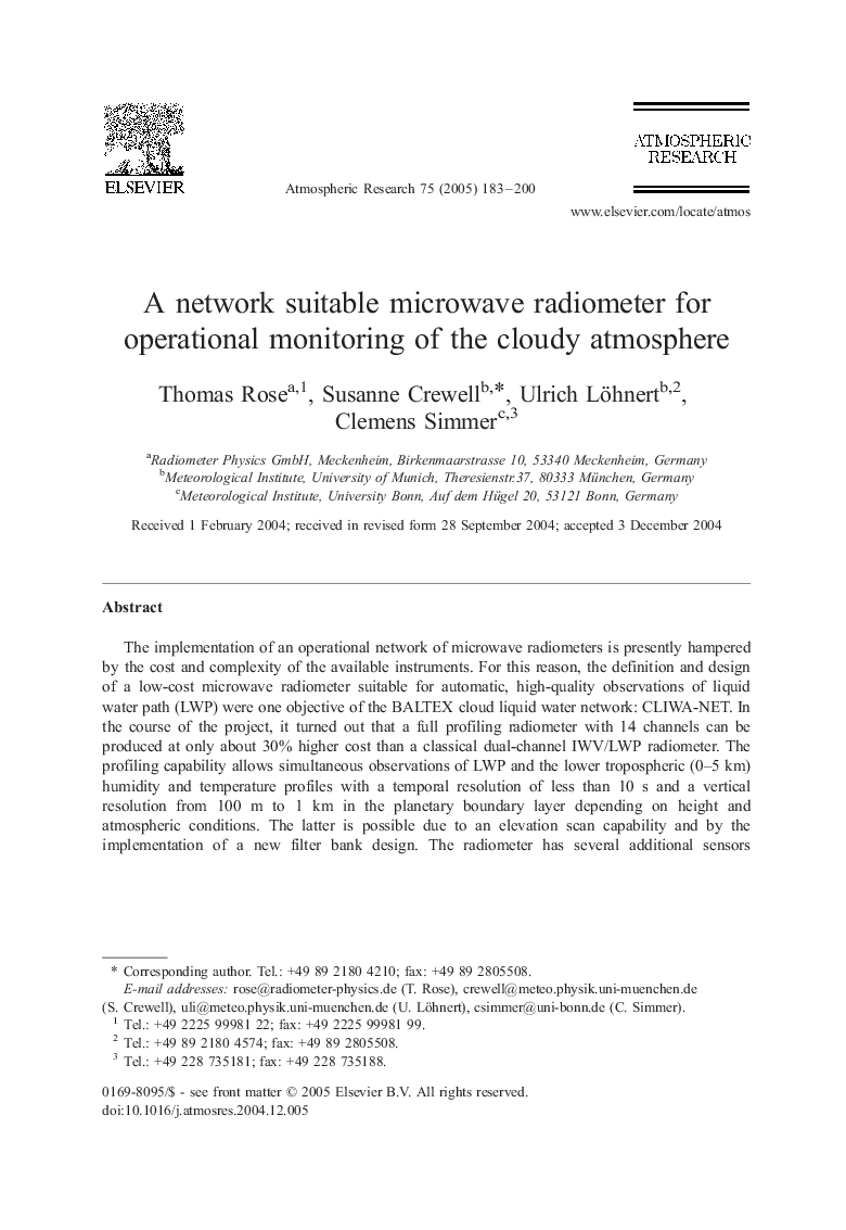 A network suitable microwave radiometer for operational monitoring of the cloudy atmosphere