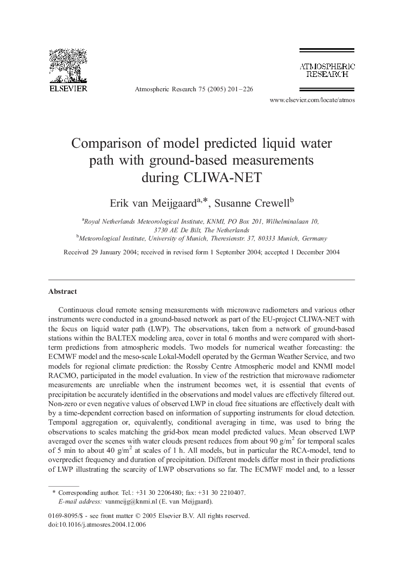 Comparison of model predicted liquid water path with ground-based measurements during CLIWA-NET