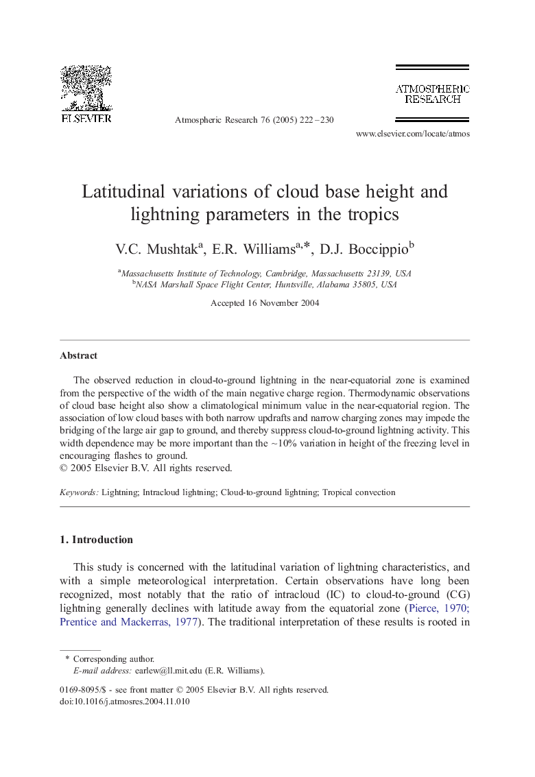 Latitudinal variations of cloud base height and lightning parameters in the tropics