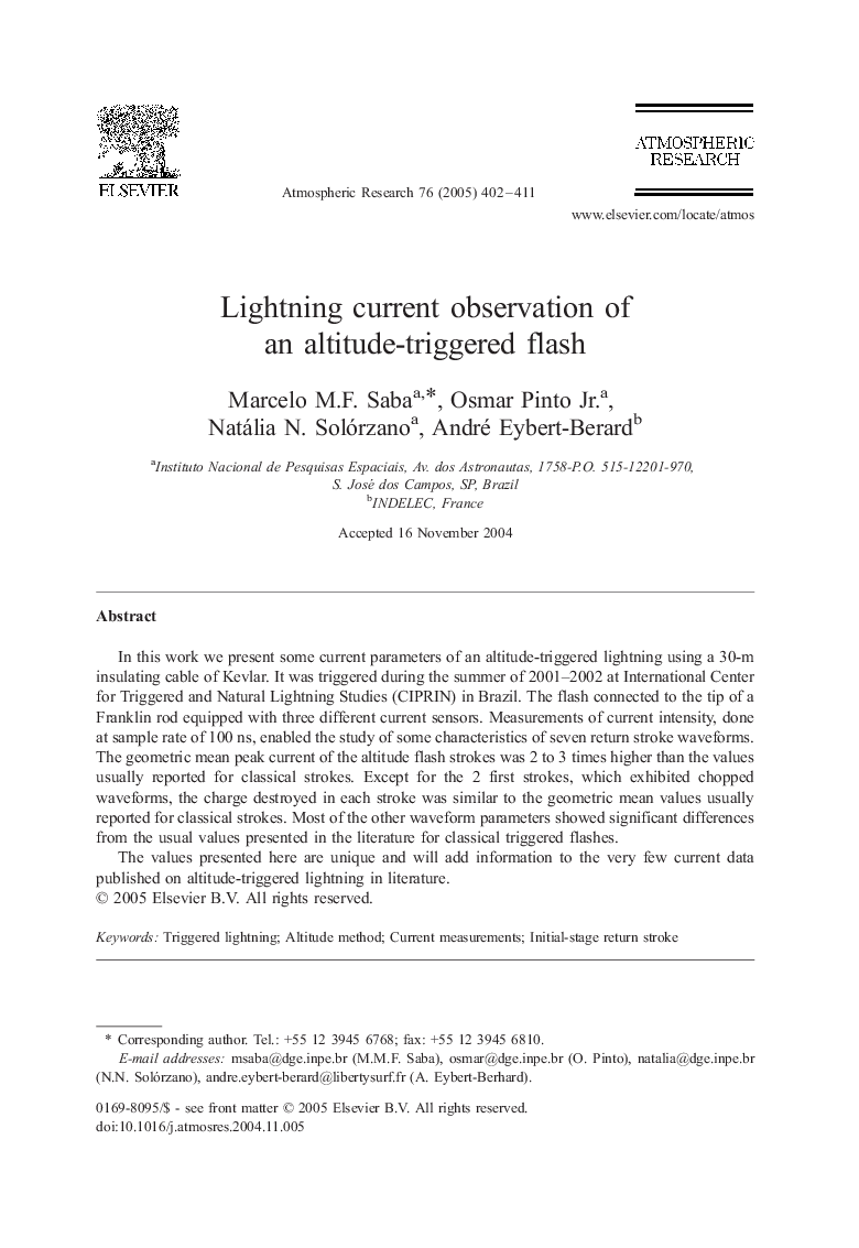 Lightning current observation of an altitude-triggered flash