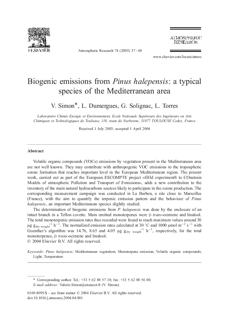 Biogenic emissions from Pinus halepensis: a typical species of the Mediterranean area