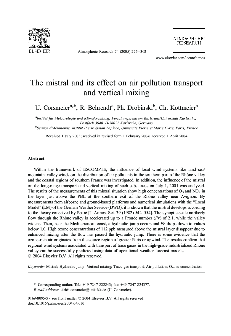 The mistral and its effect on air pollution transport and vertical mixing