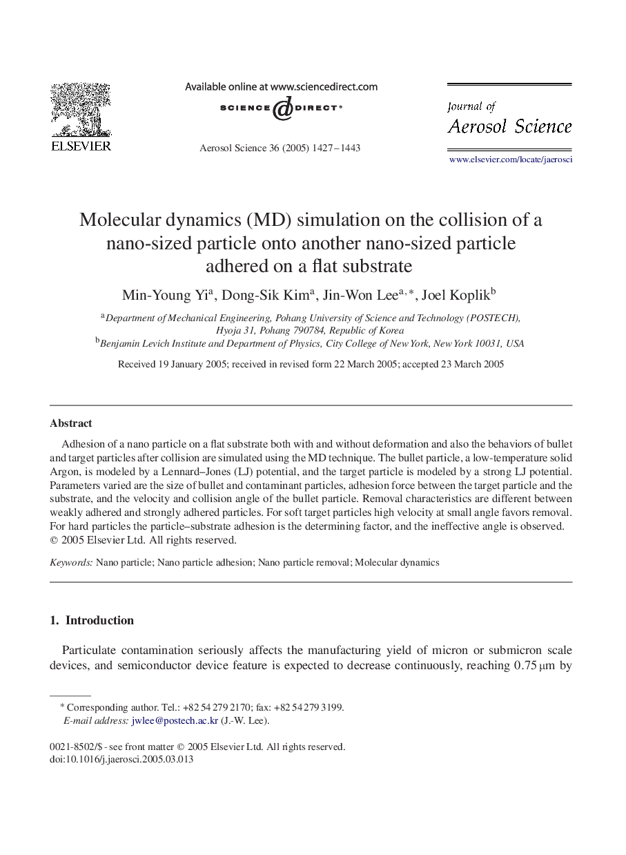 Molecular dynamics (MD) simulation on the collision of a nano-sized particle onto another nano-sized particle adhered on a flat substrate