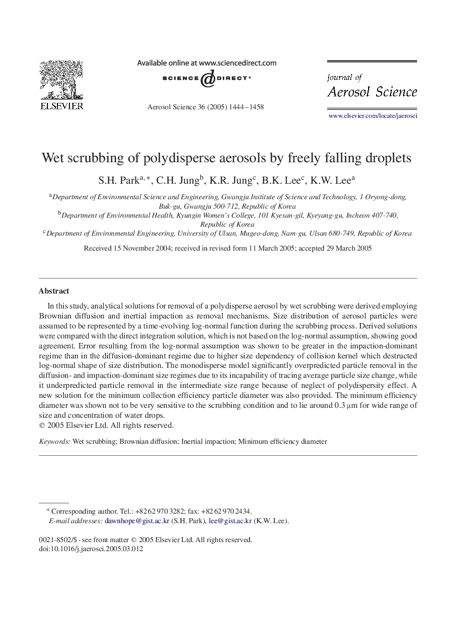 Wet scrubbing of polydisperse aerosols by freely falling droplets