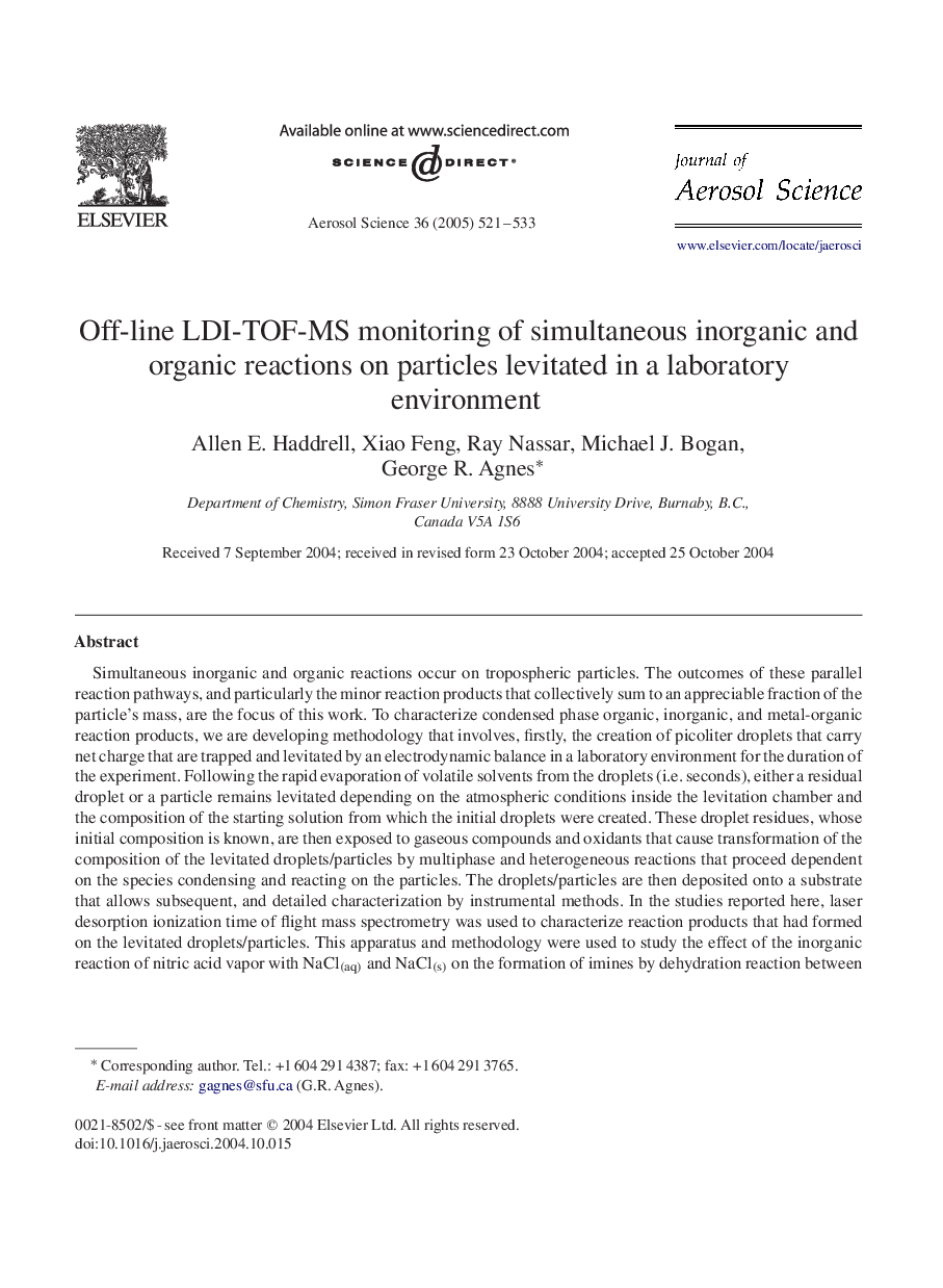 Off-line LDI-TOF-MS monitoring of simultaneous inorganic and organic reactions on particles levitated in a laboratory environment